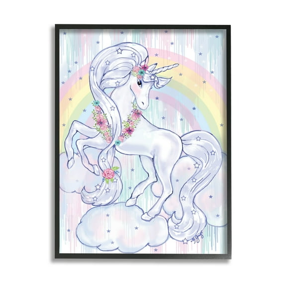 Stupell Home Décor Industries Purple Unicorn Floral Mane Clouds Under Rainbow, 24 x 30, Designed by Maureen Griggs
