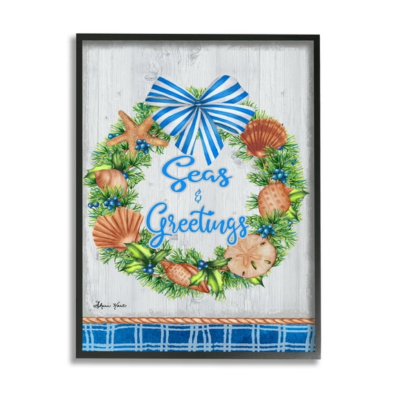 Stupell Home Décor Industries Seas and Greetings Nautical Holiday Wreath Black Framed Design by Sheri Hart