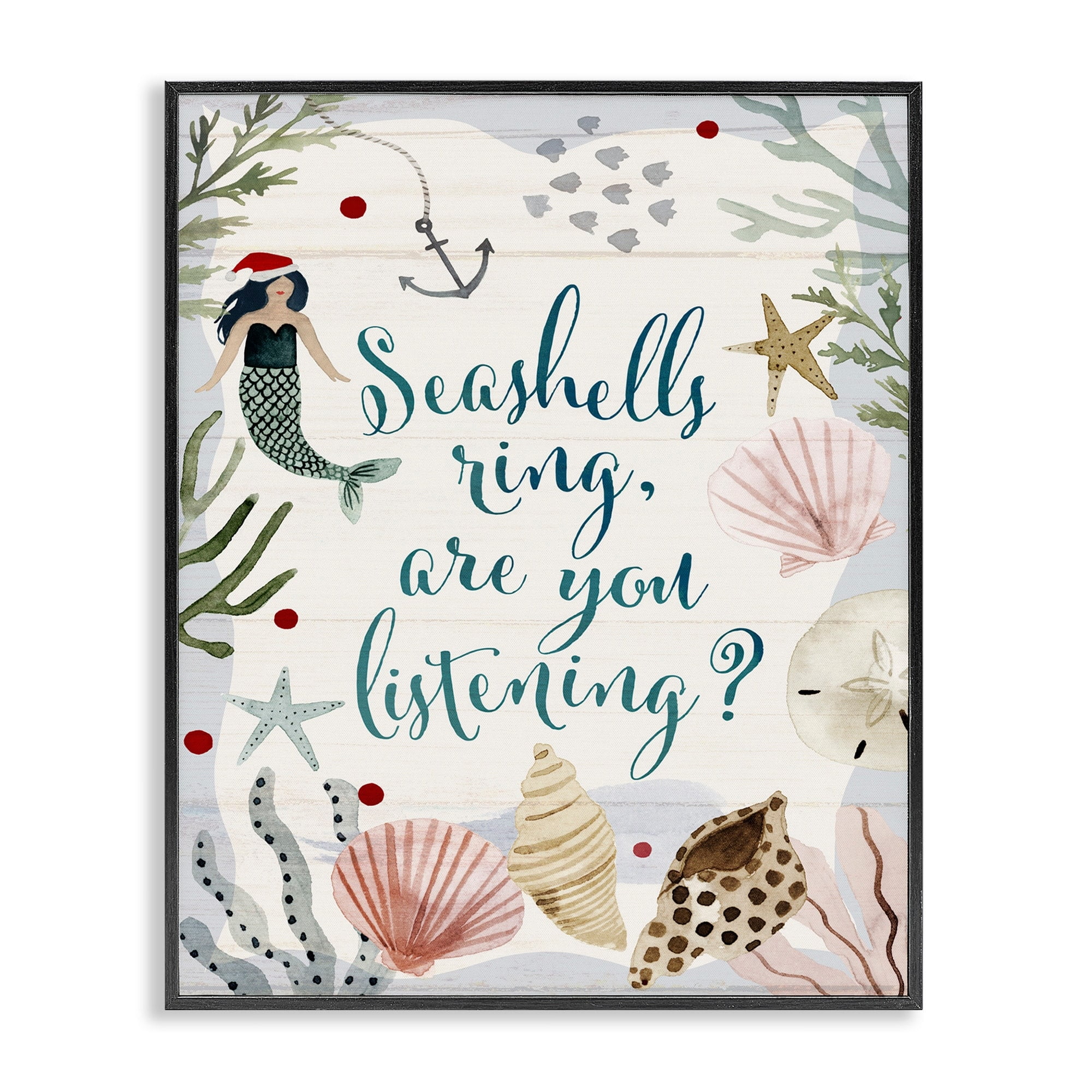 Stupell Home Décor Industries Seashells Ring, You Listening Phrase Nautical Beach Christmas Black Framed Design by Victoria Barnes