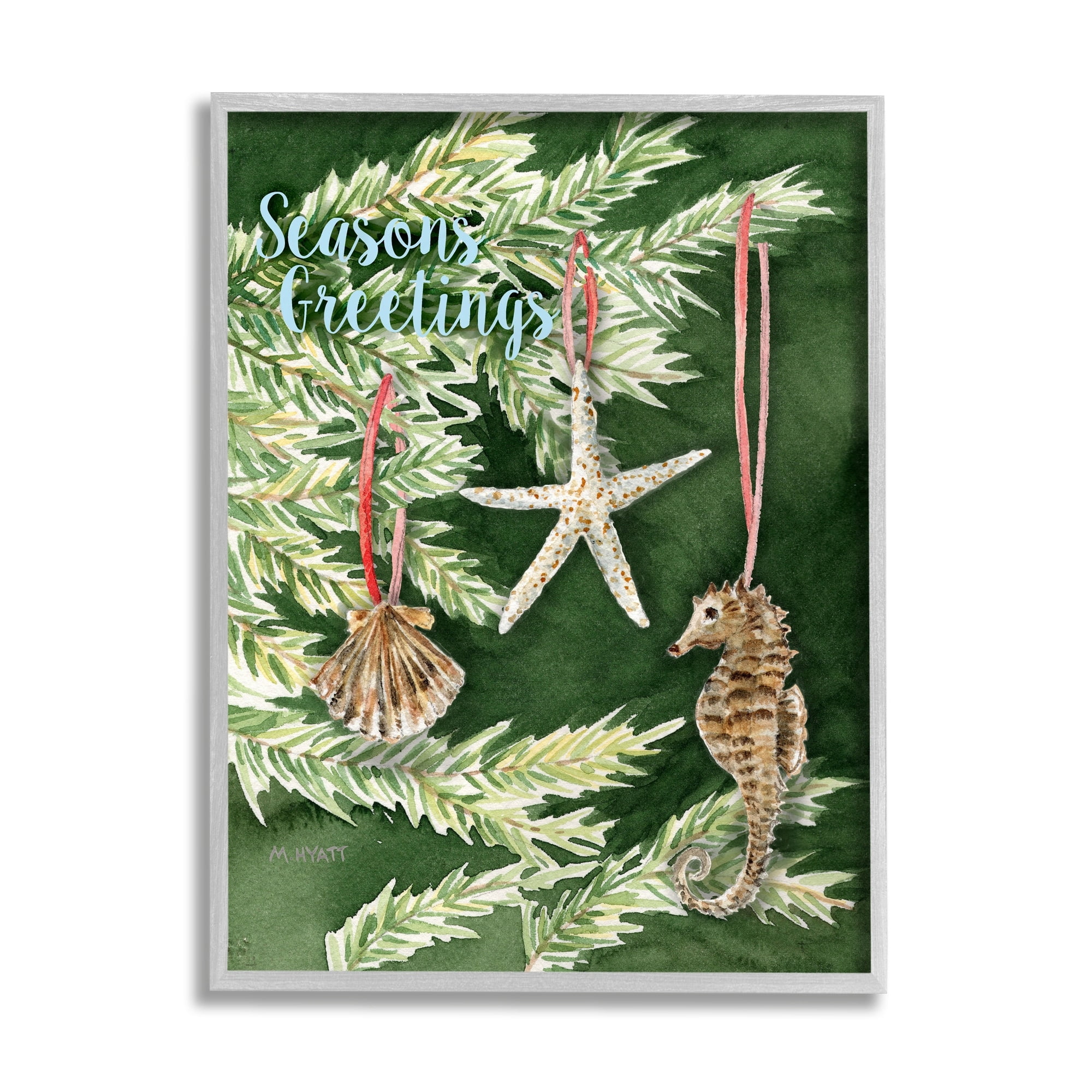 Stupell Home Décor Industries Season's Greetings Nautical Christmas Tree Seashells Gray Framed Design by Melissa Hyatt LLC