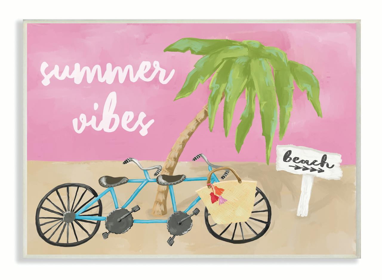 Stupell Home Décor Industries Summer Vibes Bike Pink Green Beach Ocean Design Wood Plaque by Cindy Willingham