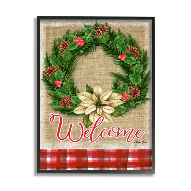 Stupell Home Décor Industries Traditional Welcome Text Cottage Wreath Pinecones Black Framed Design by Sheri Hart