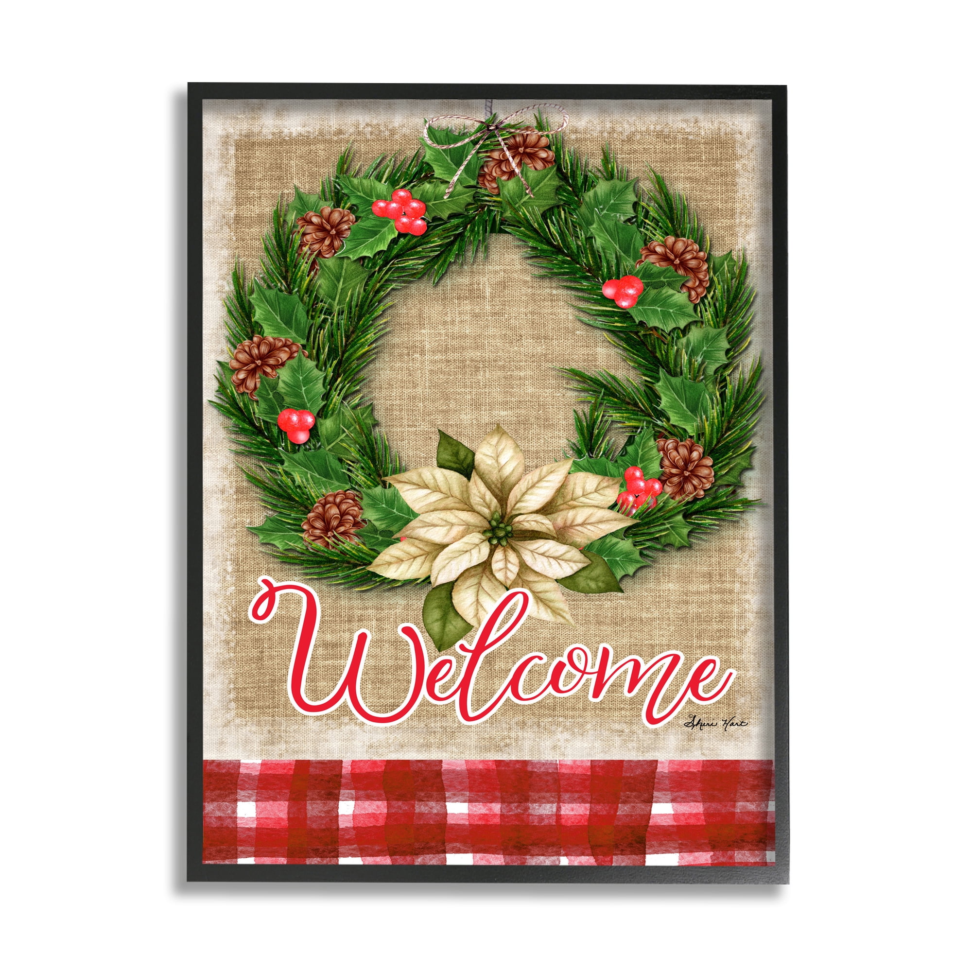 Stupell Industries Traditional Welcome Text Cottage Wreath Pinecones Black Framed Design by Sheri Hart
