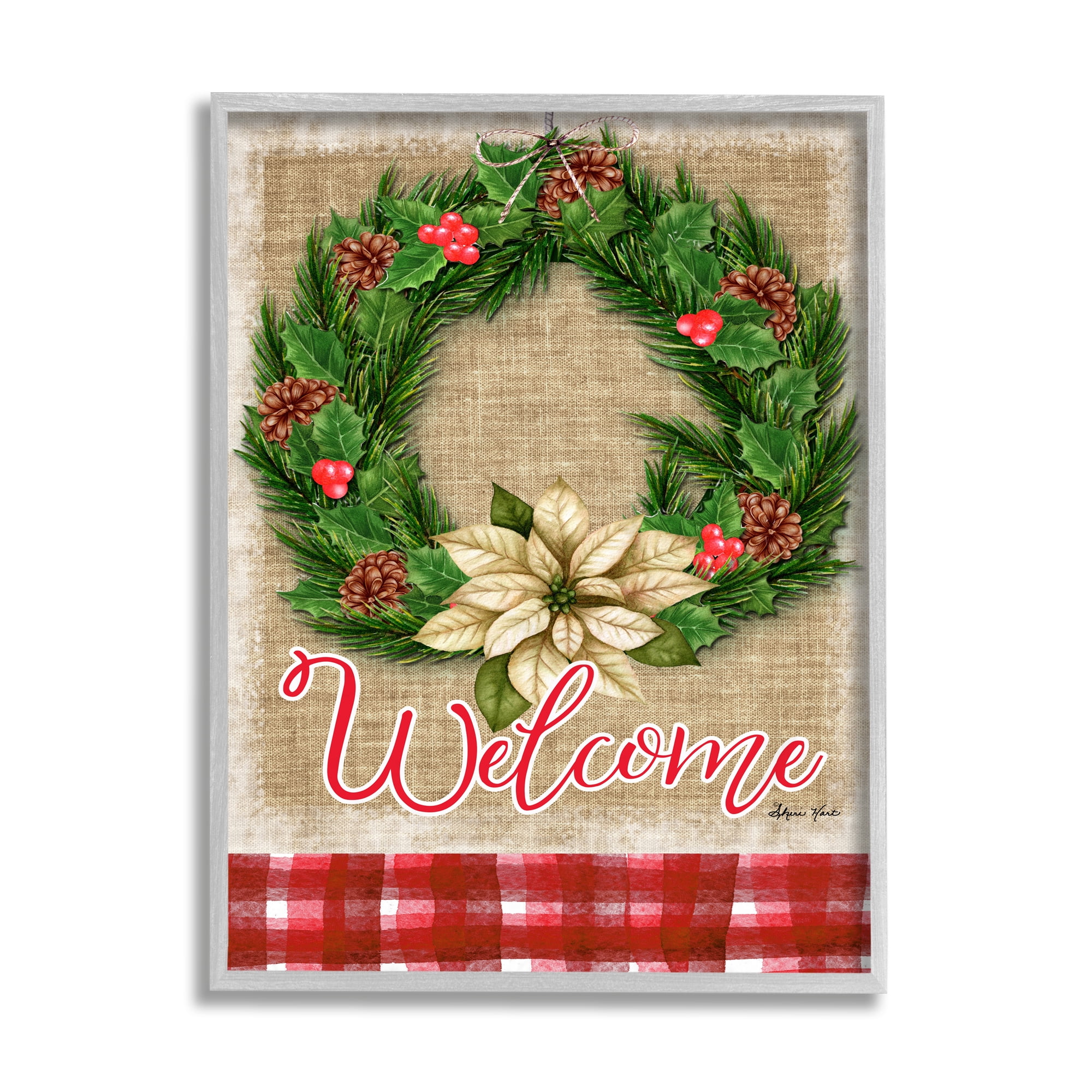 Stupell Industries Traditional Welcome Text Cottage Wreath Pinecones Gray Framed Design by Sheri Hart