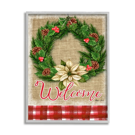 Stupell Home Décor Industries Traditional Welcome Text Cottage Wreath Pinecones Gray Framed Design by Sheri Hart