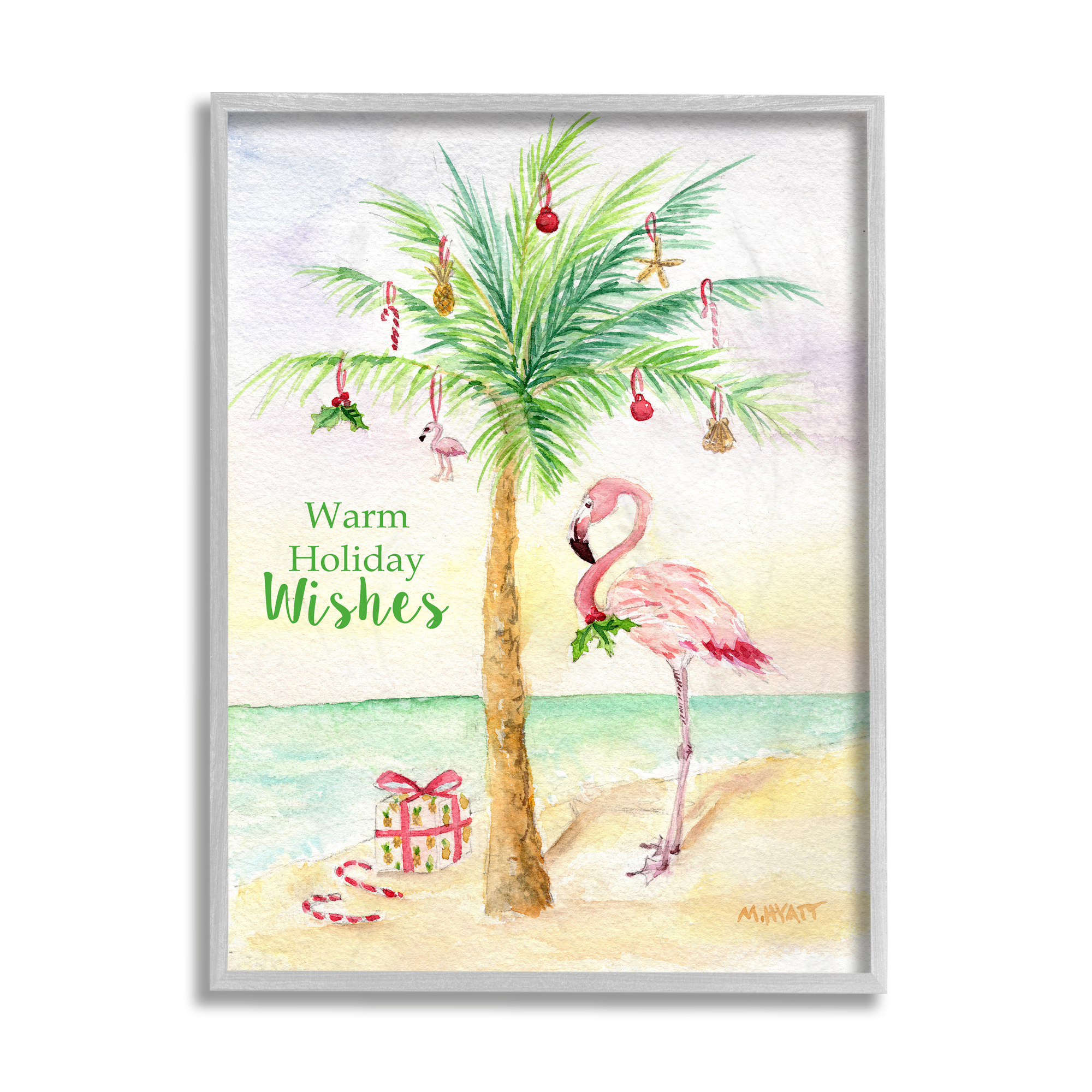 Stupell Home Décor Industries Tropical Flamingo Christmas Nautical Palm Tree Gray Framed Design by Melissa Hyatt LLC