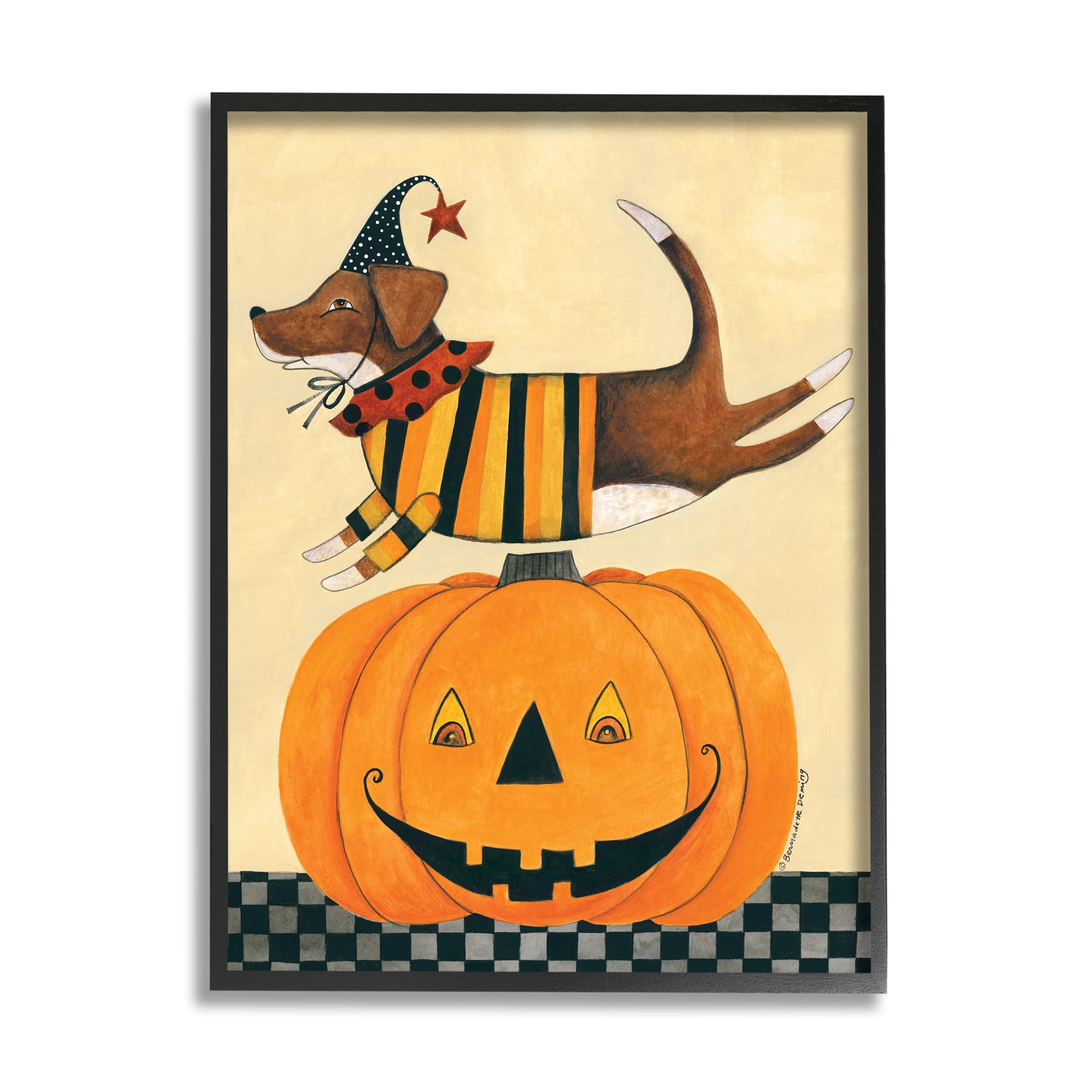 Stupell Home Décor Industries Vintage Carved Pumpkin Halloween Dog Illustration Black Framed Design by Bernadette Deming