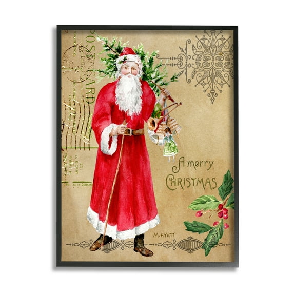 Stupell Home Décor Industries Vintage Santa Claus Vintage Christmas Postal Design Black Framed Design by Melissa Hyatt LLC