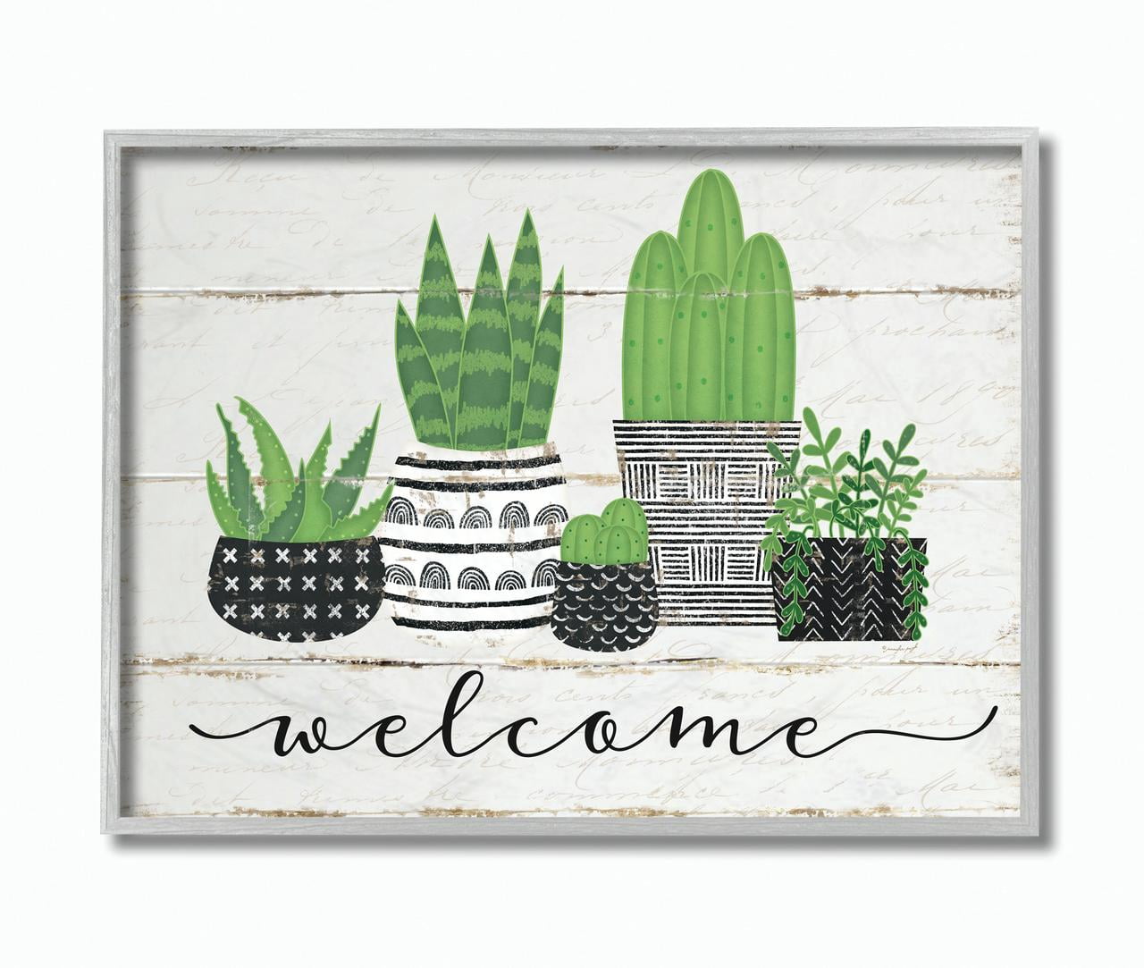Stupell Home Décor Industries Welcome Cacti Succulents Wood Textured Design Framed Wall Art by Jennifer Pugh
