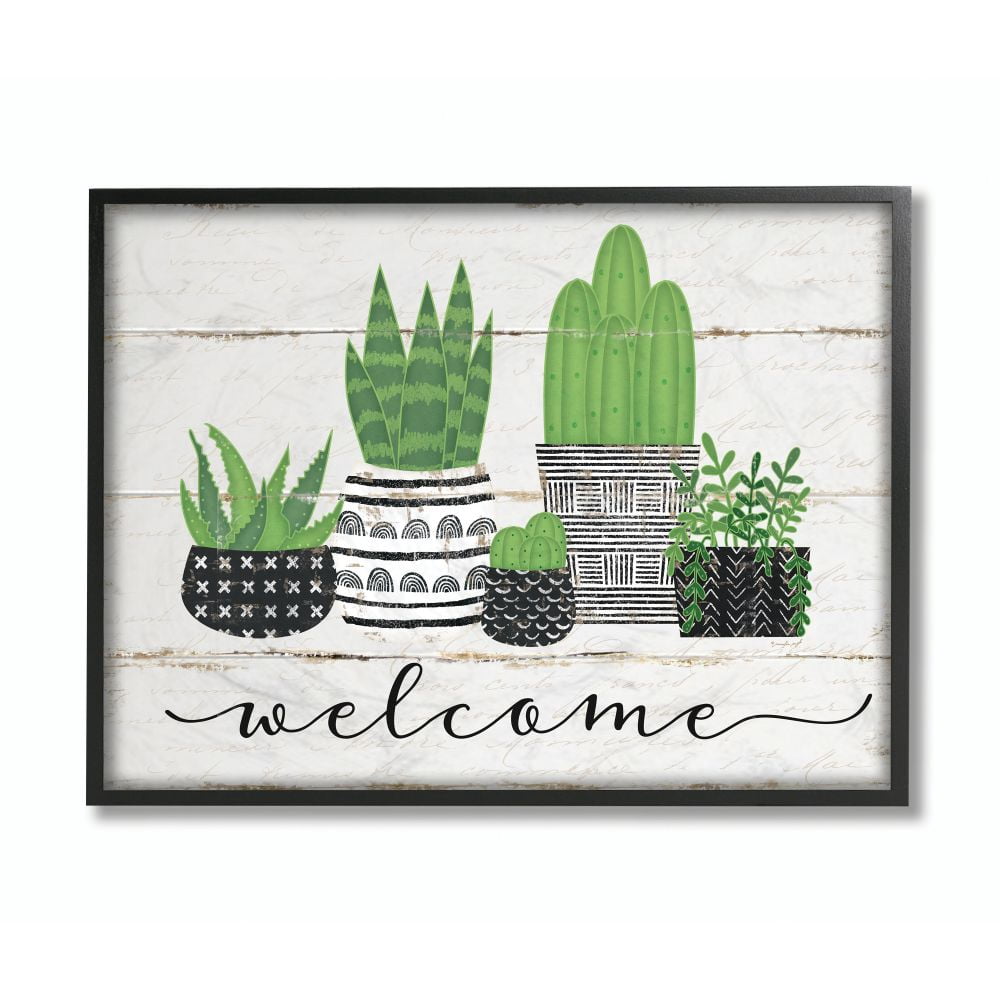 Stupell Home Décor Industries Welcome Cacti Succulents Wood Textured Design Framed Wall Art by Jennifer Pugh