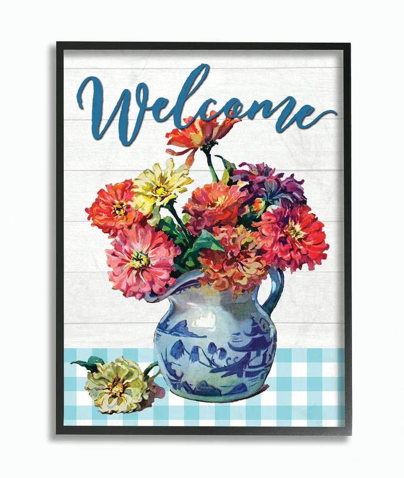 Stupell Home Décor Industries Welcome Flower Pot Blue Plaid Rustic Word Design Framed Wall Art by The Saturday Evening Post