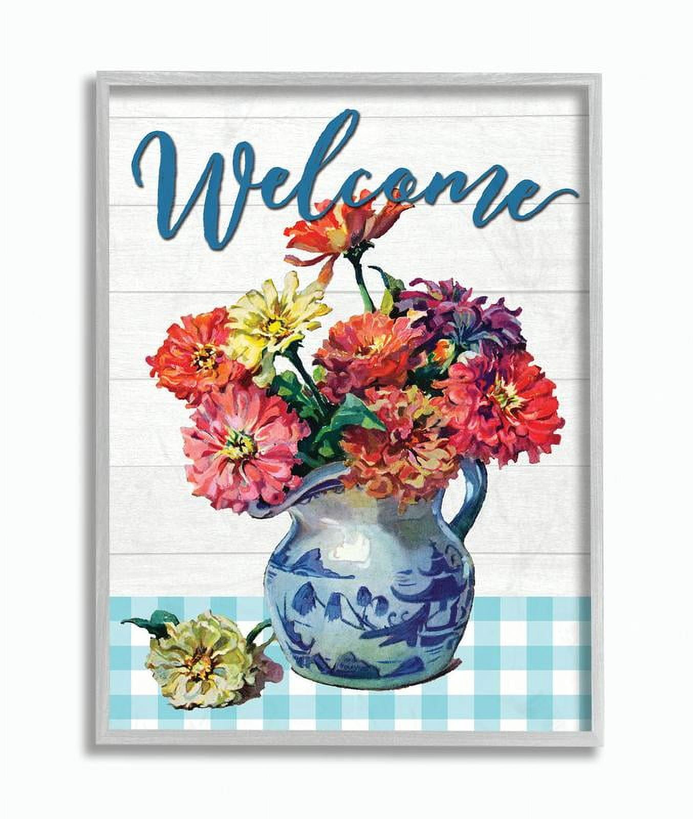 Stupell Home Décor Industries Welcome Flower Pot Blue Plaid Rustic Word Design Framed Wall Art by The Saturday Evening Post