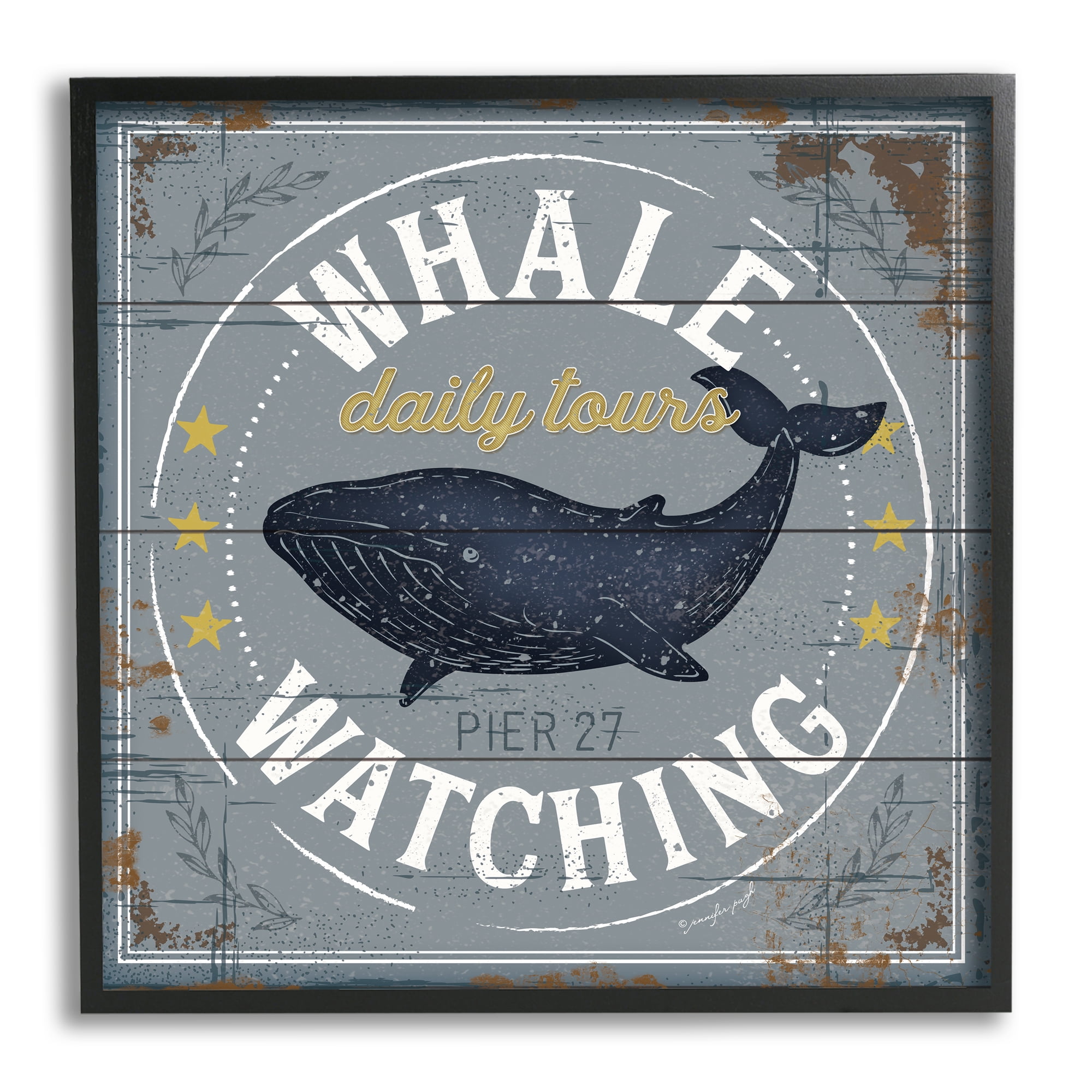 Stupell Home Décor Industries Whale Watching Tours Sign Rustic Blue Marine Life, 12 x 12, Designed by Jennifer Pugh