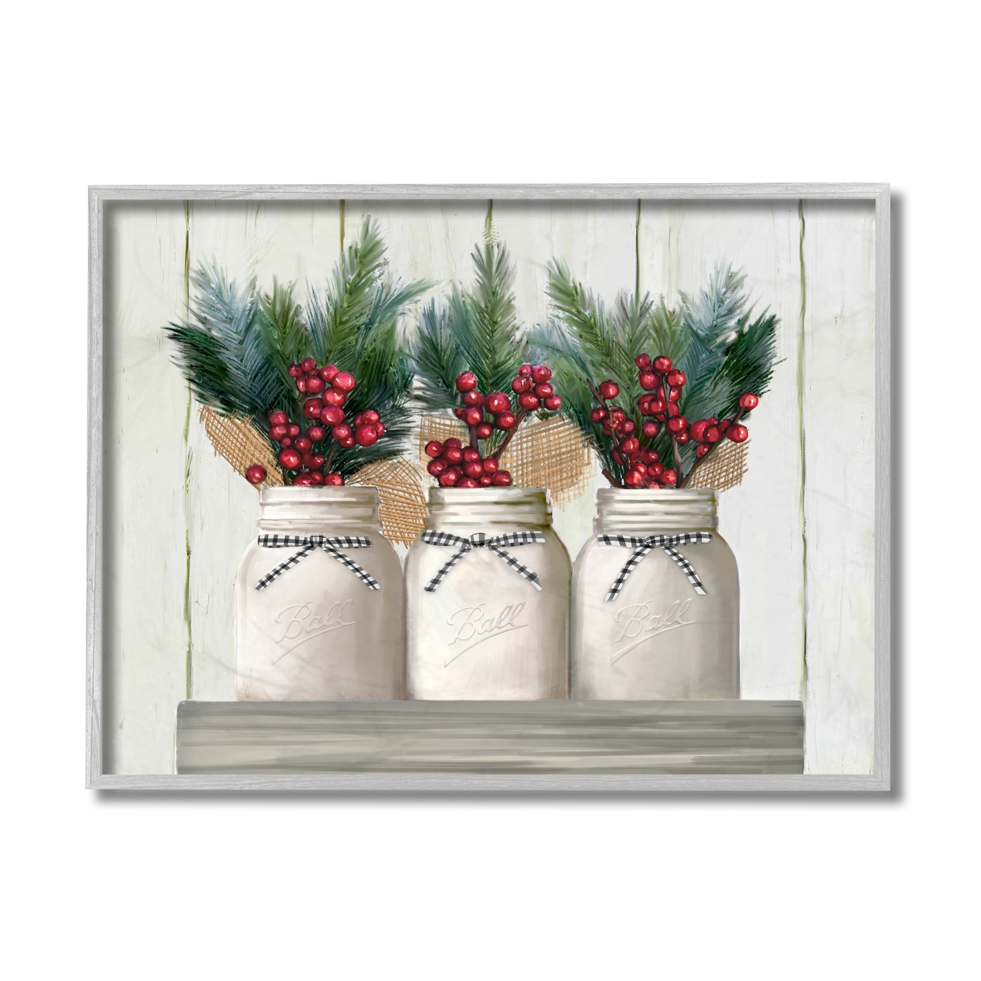 Stupell Home Décor Industries White Country Jars with Christmas Berry Bouquets Gray Framed Design by Ziwei Li