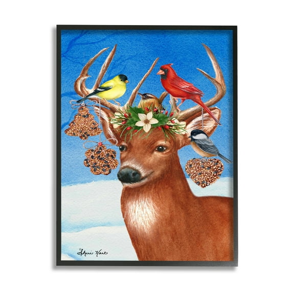 Stupell Home Décor Industries Winter Reindeer Antler Ornaments with Birds Black Framed Design by Sheri Hart
