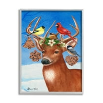 Stupell Home Décor Industries Winter Reindeer Antler Ornaments with Birds Gray Framed Design by Sheri Hart