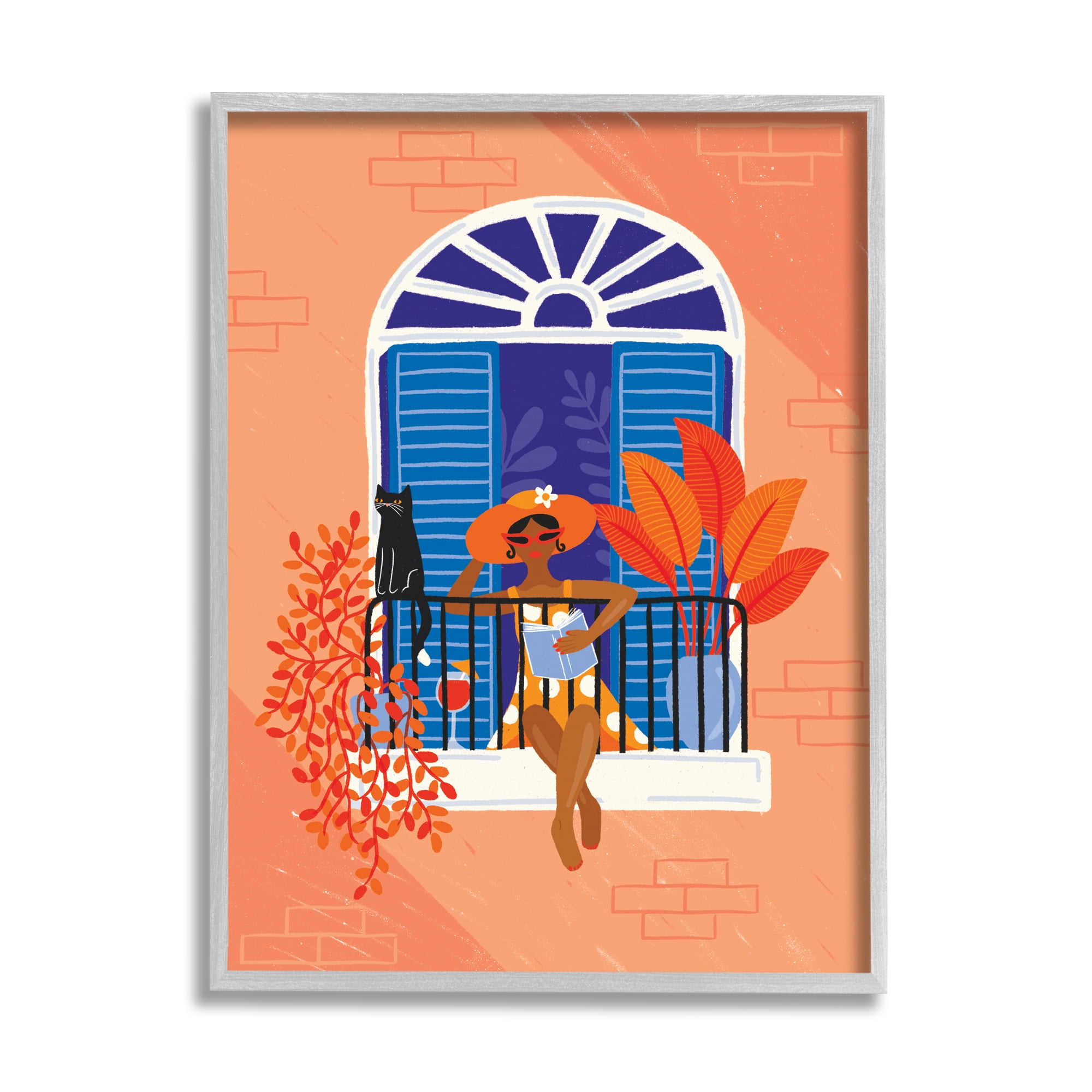 Stupell Home Décor Industries Woman Reading Balcony Perched Cat Tropical Plants, 24 x 30, Designed by Make Much Studios