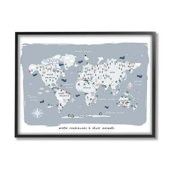 Stupell Home Décor Industries World Continents and Regional Animals Map Soft Blue, 11 x 14, Designed by Leah Straatsma