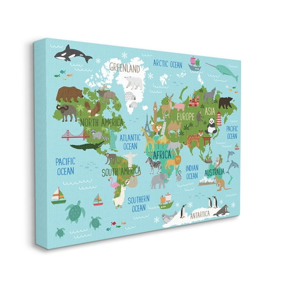 Stupell Industries Kid's Animal World Map Favorite Regional Wildlife, 36 x 48, Designed by Lisa Whitebutton