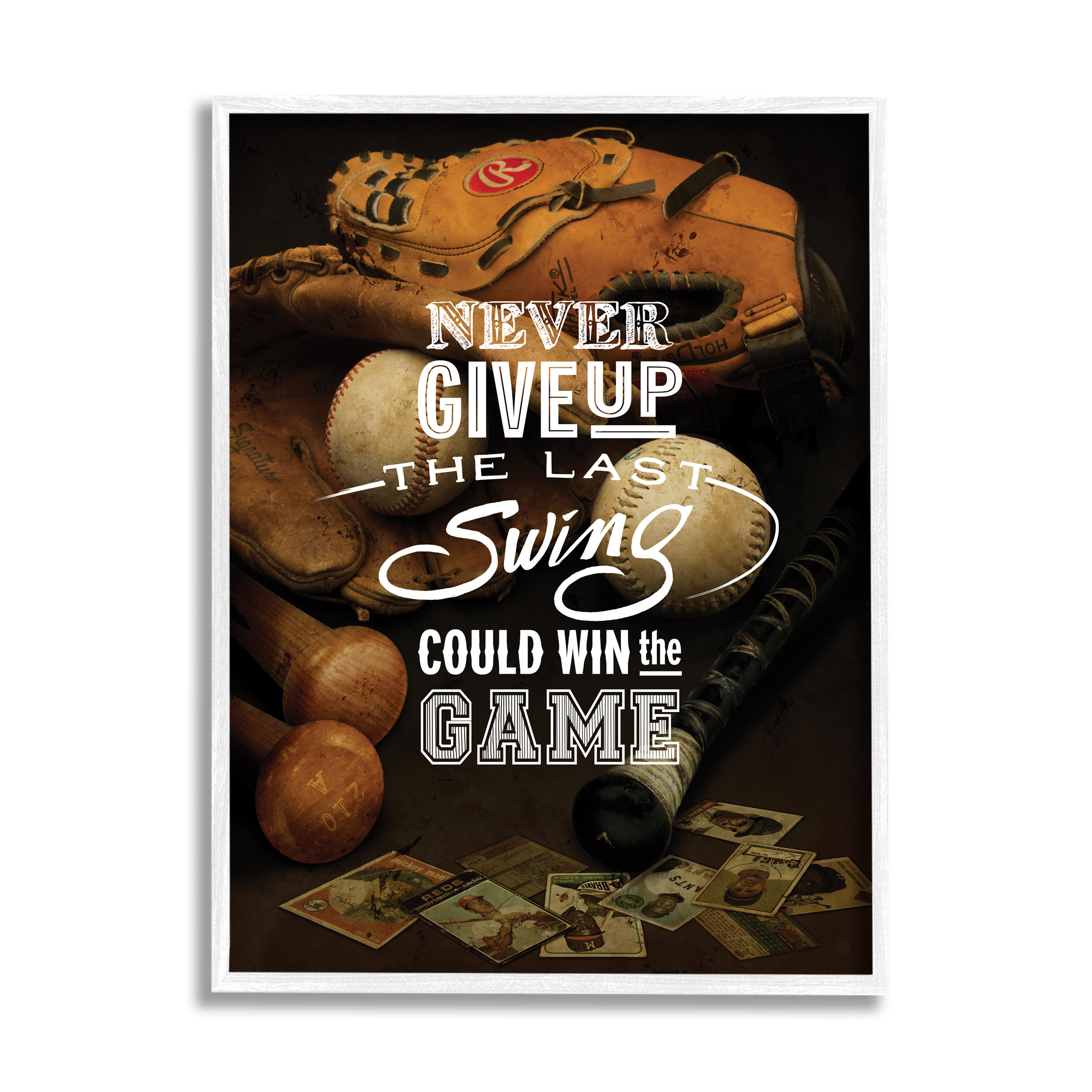 Stupell Home Décor Never Give Up Phrase Baseball Cards Glove Bat, 24 x 30, Designed by Art Licensing Studio, White Frame