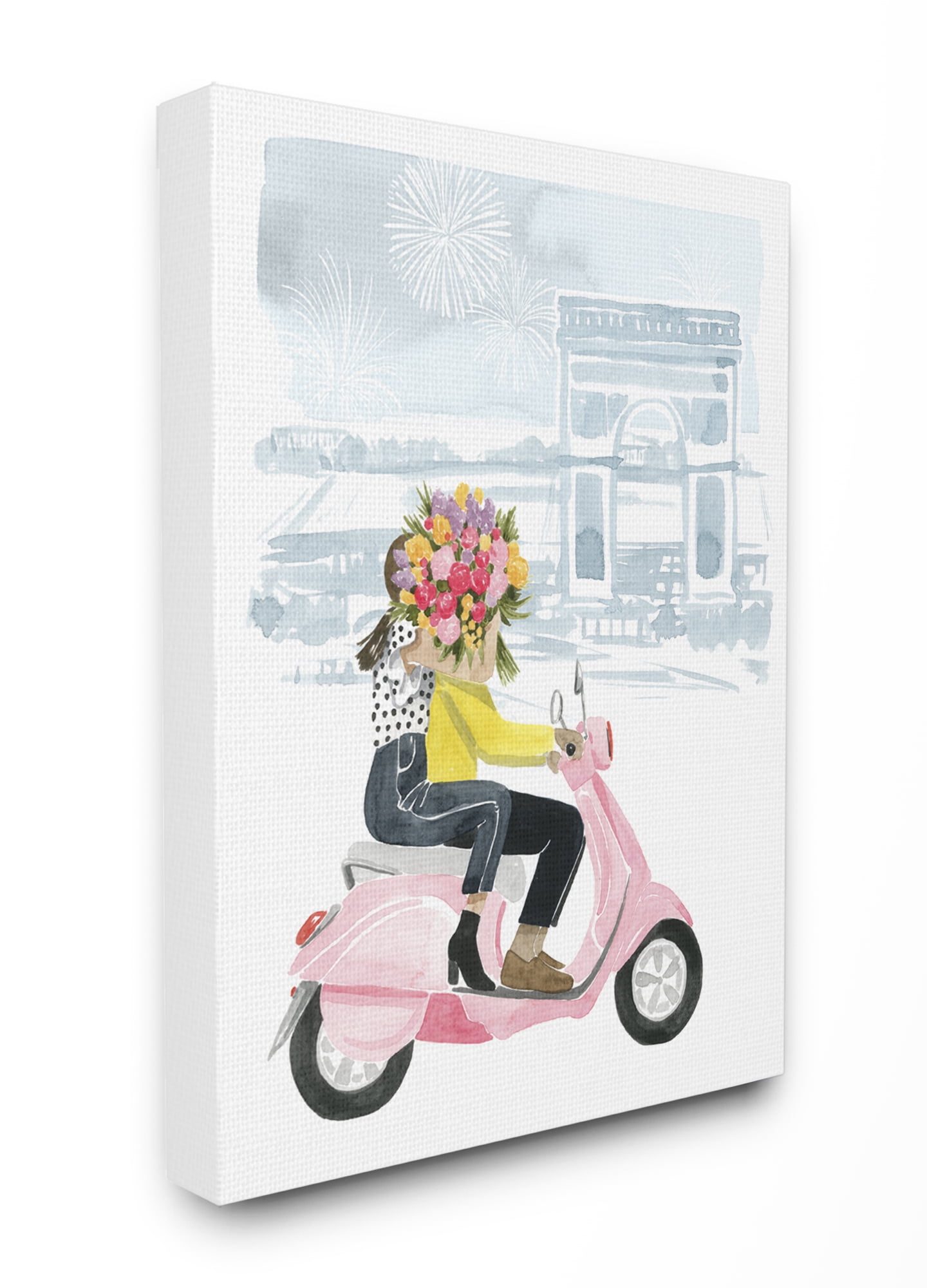 Stupell Home Décor Paris Flower Scooter Pink Blue Watercolor Painting Canvas Wall Art by Grace Popp