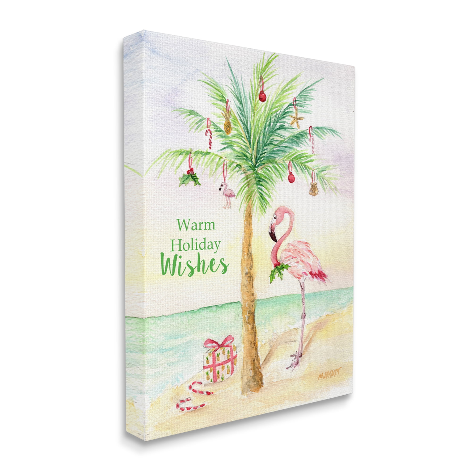 Tropical Flamingo Christmas Canvas Art with Palm Tree