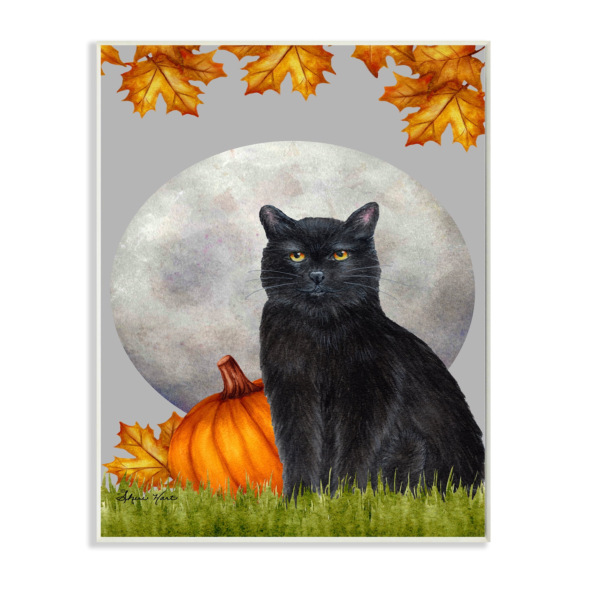 Stupell Industries Black Cat and Full Moon Autumn Leaves Pumpkins Wall Plaque Design by Sheri Hart