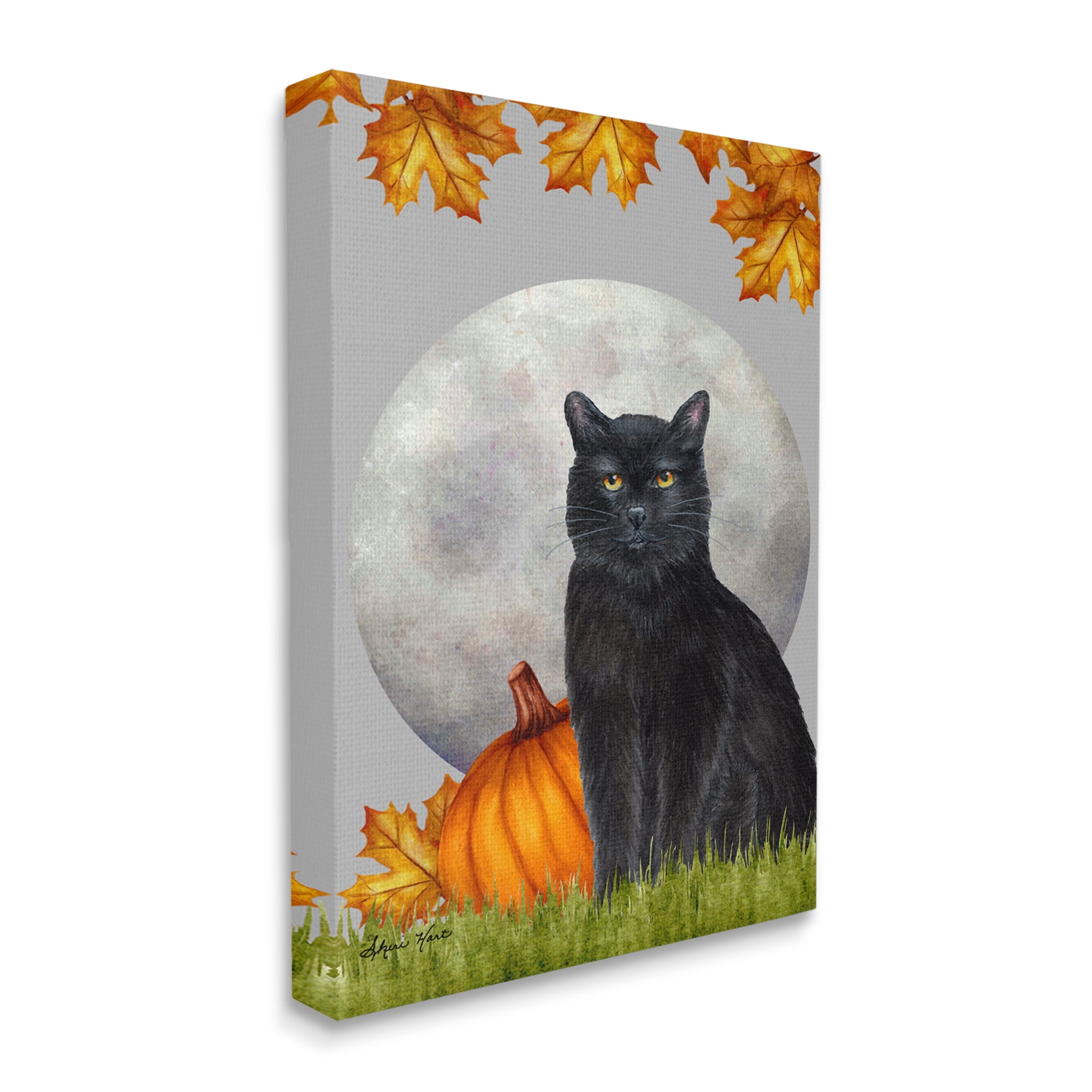 Stupell Industries Black Cat and Full Moon Autumn Leaves Pumpkins Canvas Design by Sheri Hart