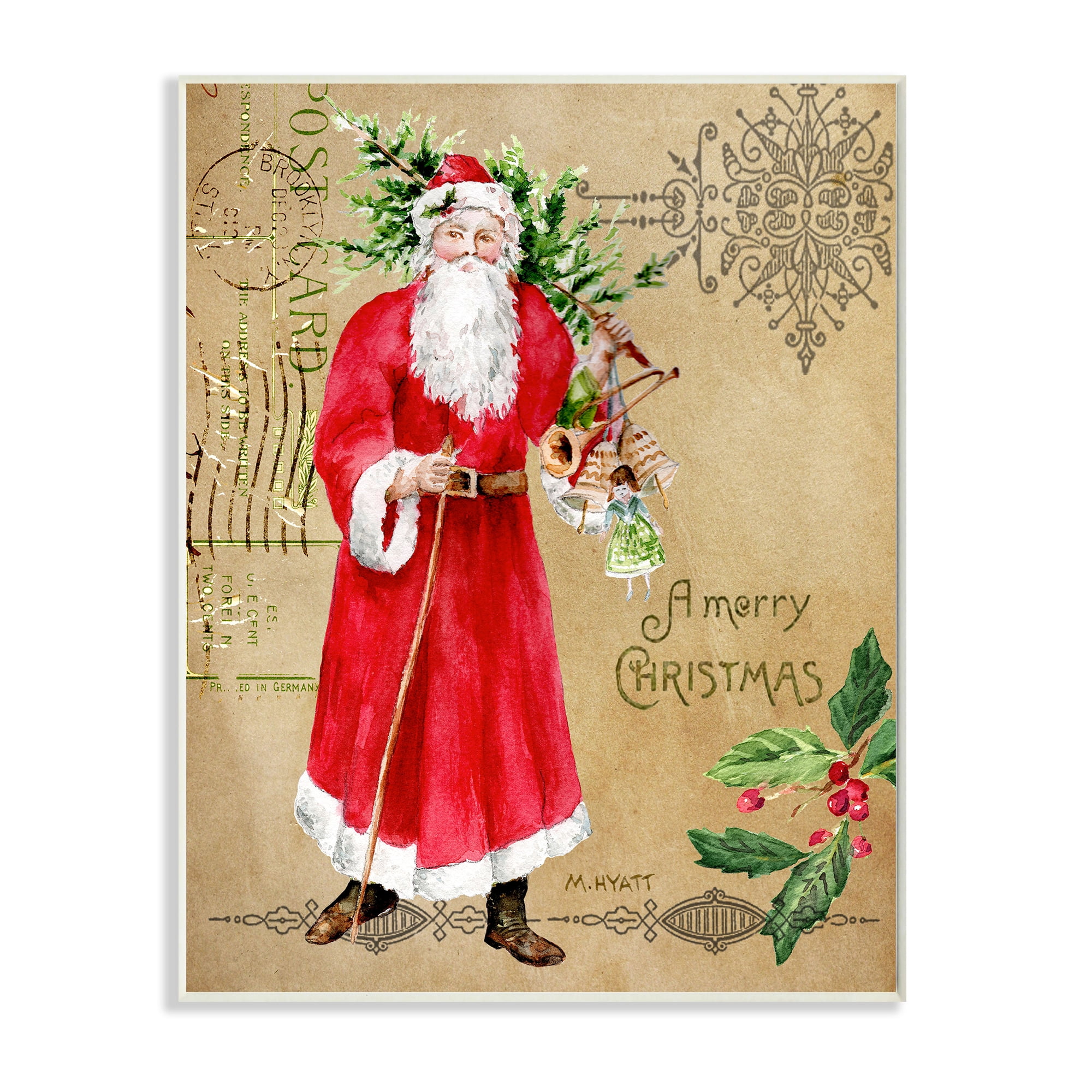 Stupell Industries Vintage Santa Claus Vintage Christmas Postal Design Wall Plaque Design by Melissa Hyatt LLC