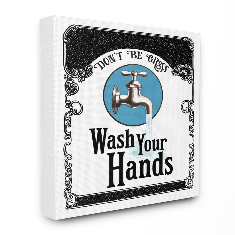 Stupell Home Décor Wash Your Hands Vintage Blue Black Bathroom Design Canvas Wall Art by the Saturday Evening Post