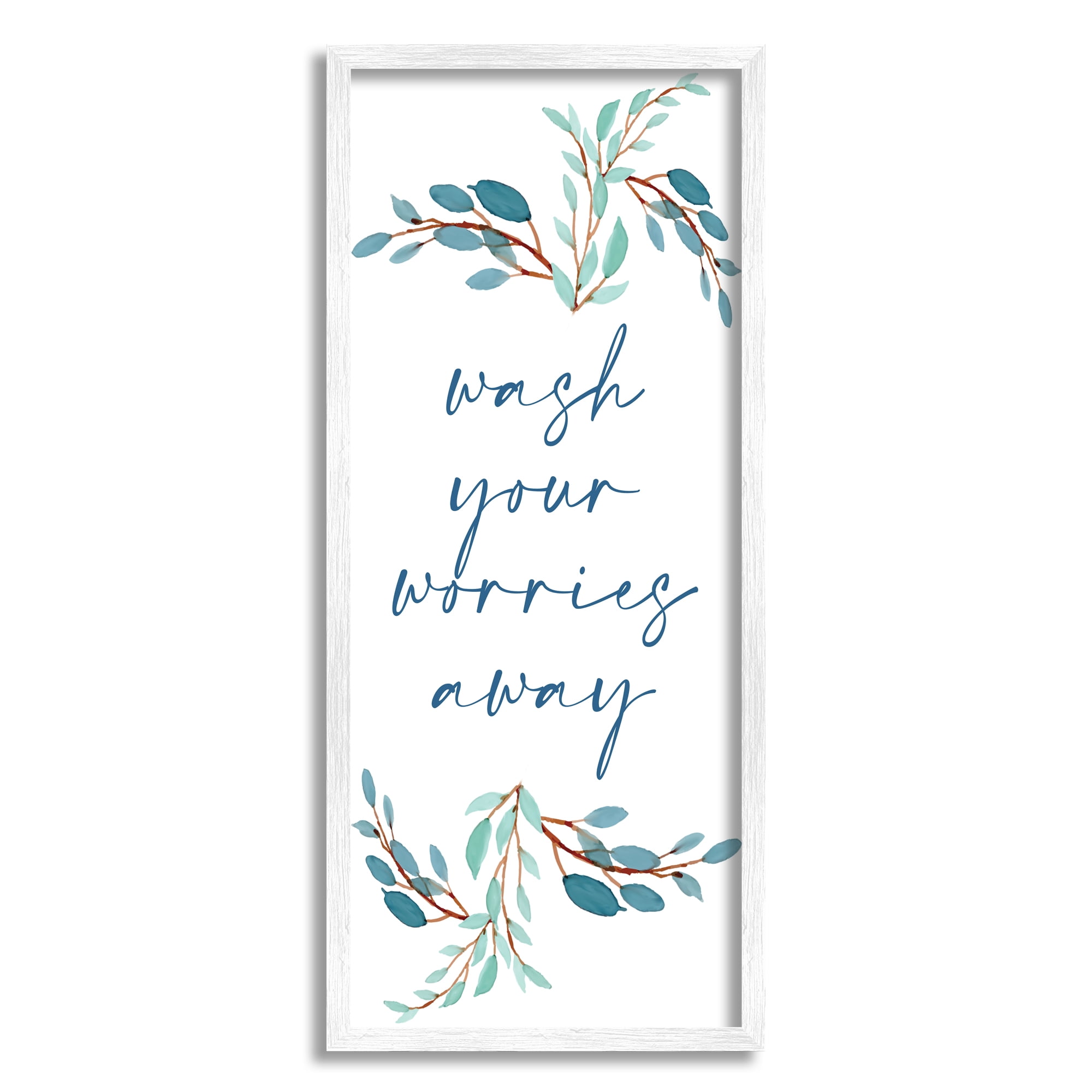 Stupell Home Décor Wash Your Worries Away Bathroom Phrase Blue Plants, 10 x 24, Designed by Kim Allen, White Frame