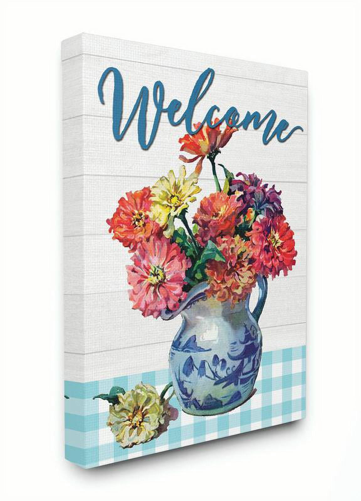 Stupell Home Décor Welcome Flower Pot Blue Plaid Rustic Word Design Canvas Wall Art by the Saturday Evening Post