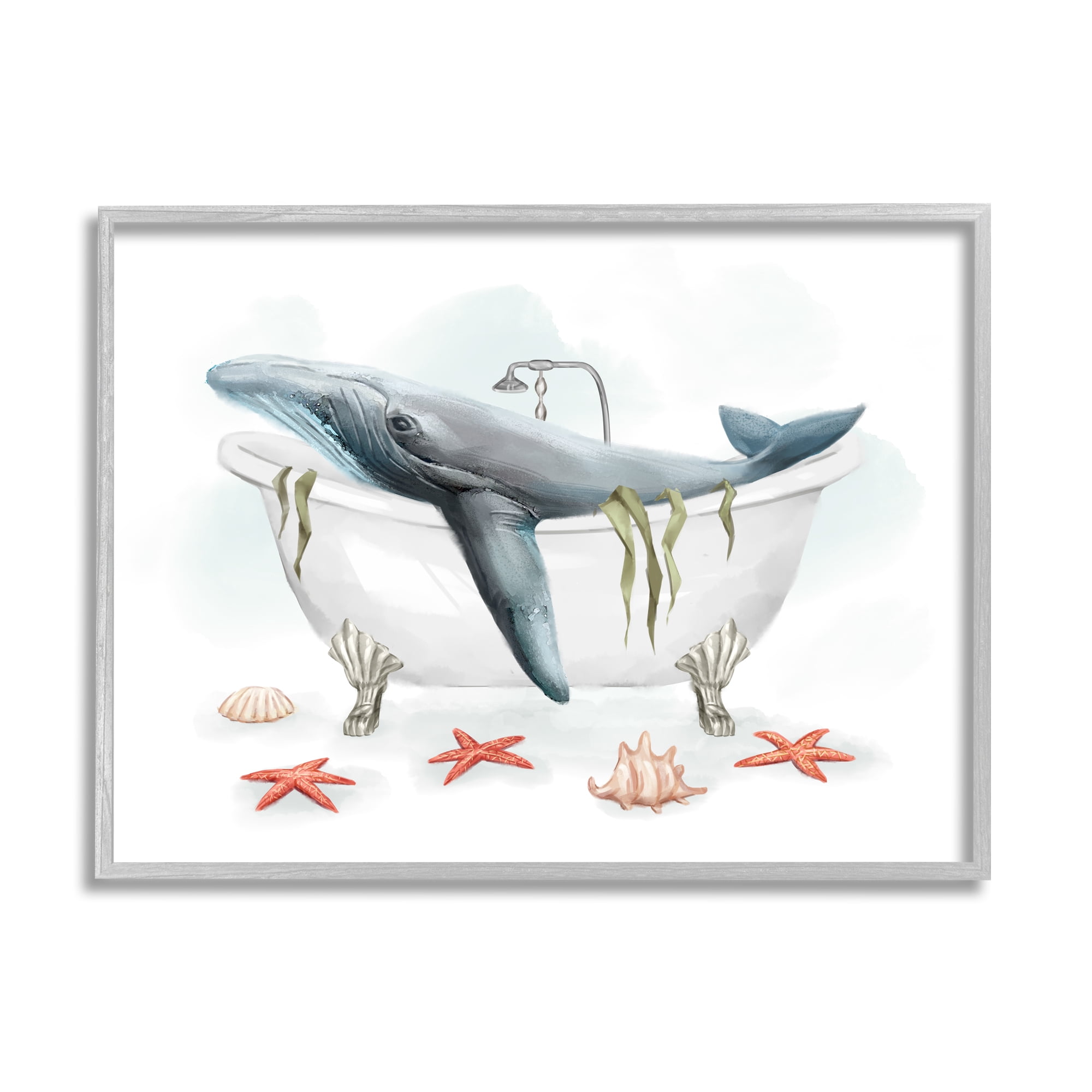 Stupell Home Décor Whale in Nautical Tub Seafoam Starfish Shells, 16 x 20, Designed by Ziwei Li, Gray Frame