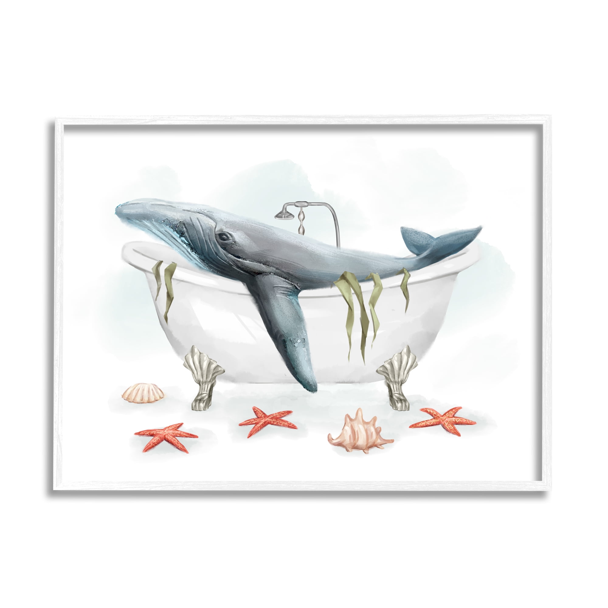 Stupell Home Décor Whale in Nautical Tub Seafoam Starfish Shells, 16 x 20, Designed by Ziwei Li, White Frame