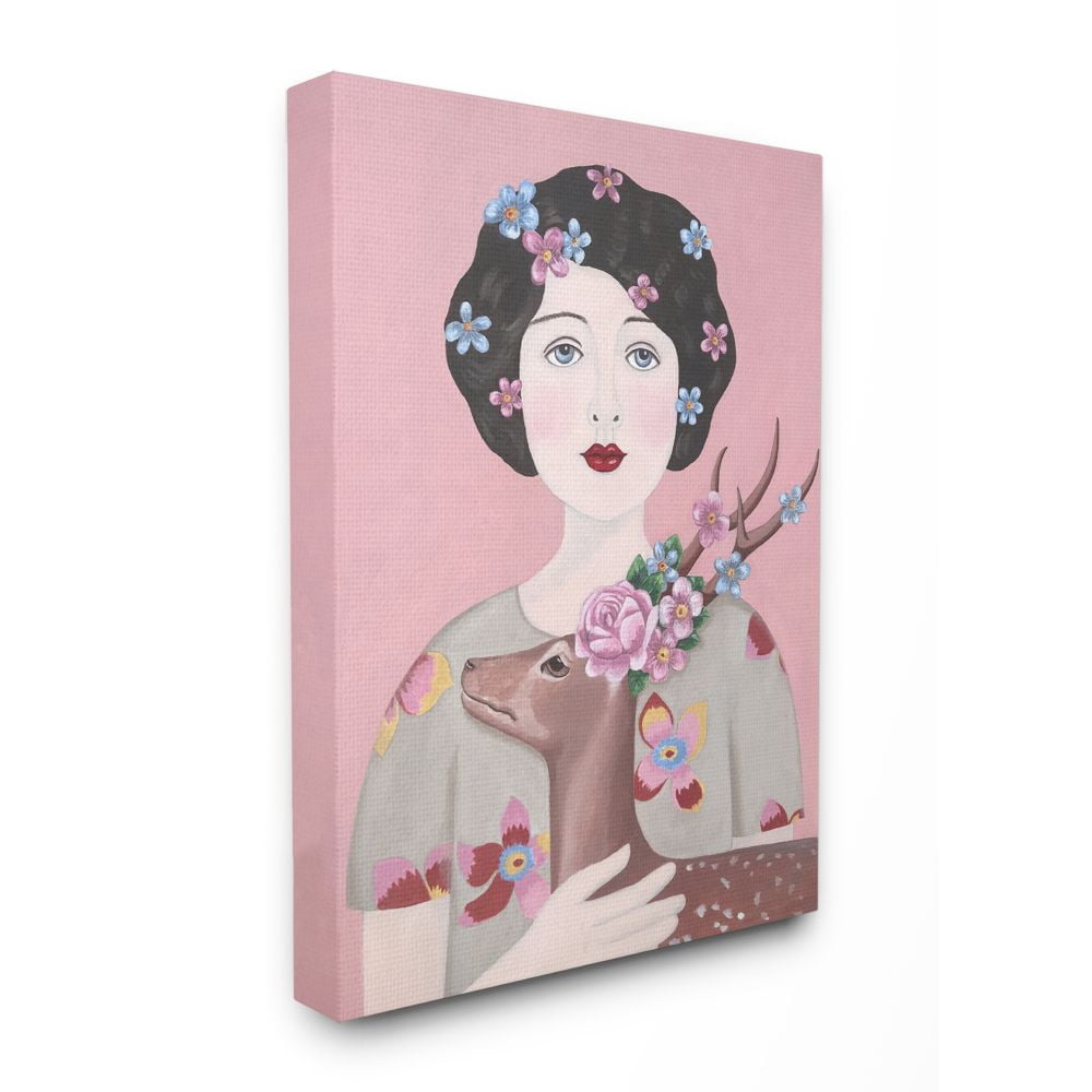 Stupell Home Décor Woman and Deer Pink Animal Painting Canvas Wall Art by Sally B