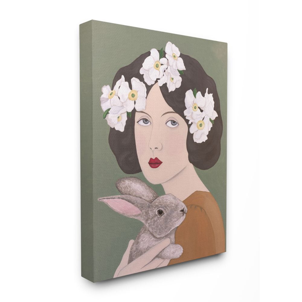Stupell Home Décor Woman and Rabbit White Flower Animal Painting Canvas Wall Art by Sally B