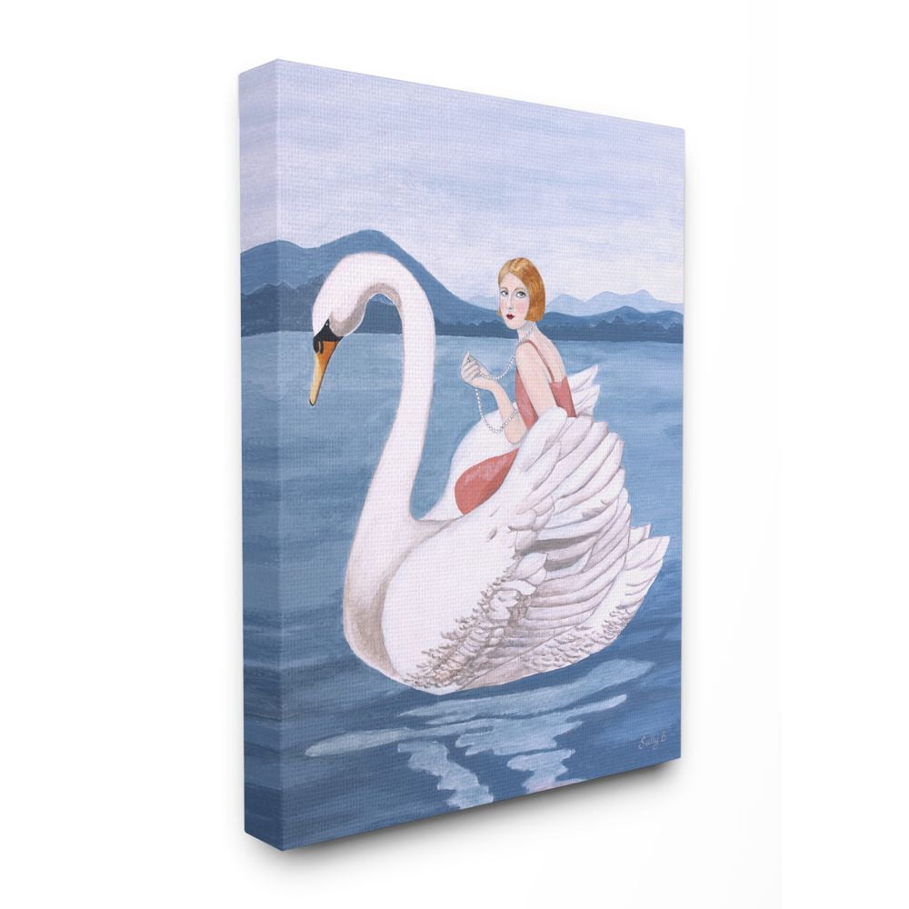 Stupell Home Décor Woman and Swan Blue Water Animal Painting Canvas Wall Art by Sally B