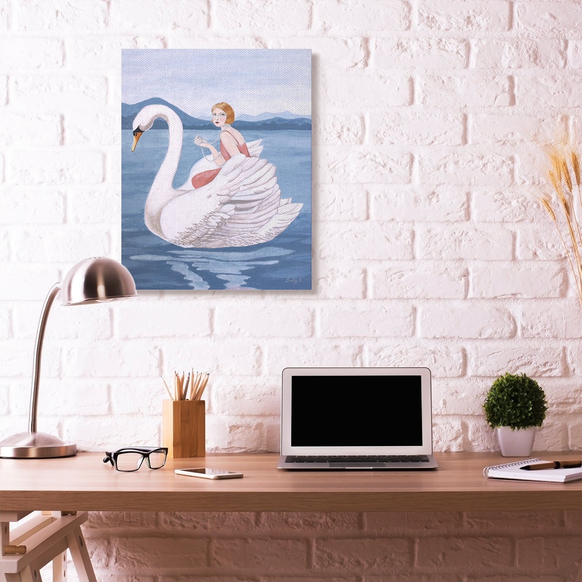 Stupell Home Décor Woman and Swan Blue Water Animal Painting Canvas Wall Art by Sally B