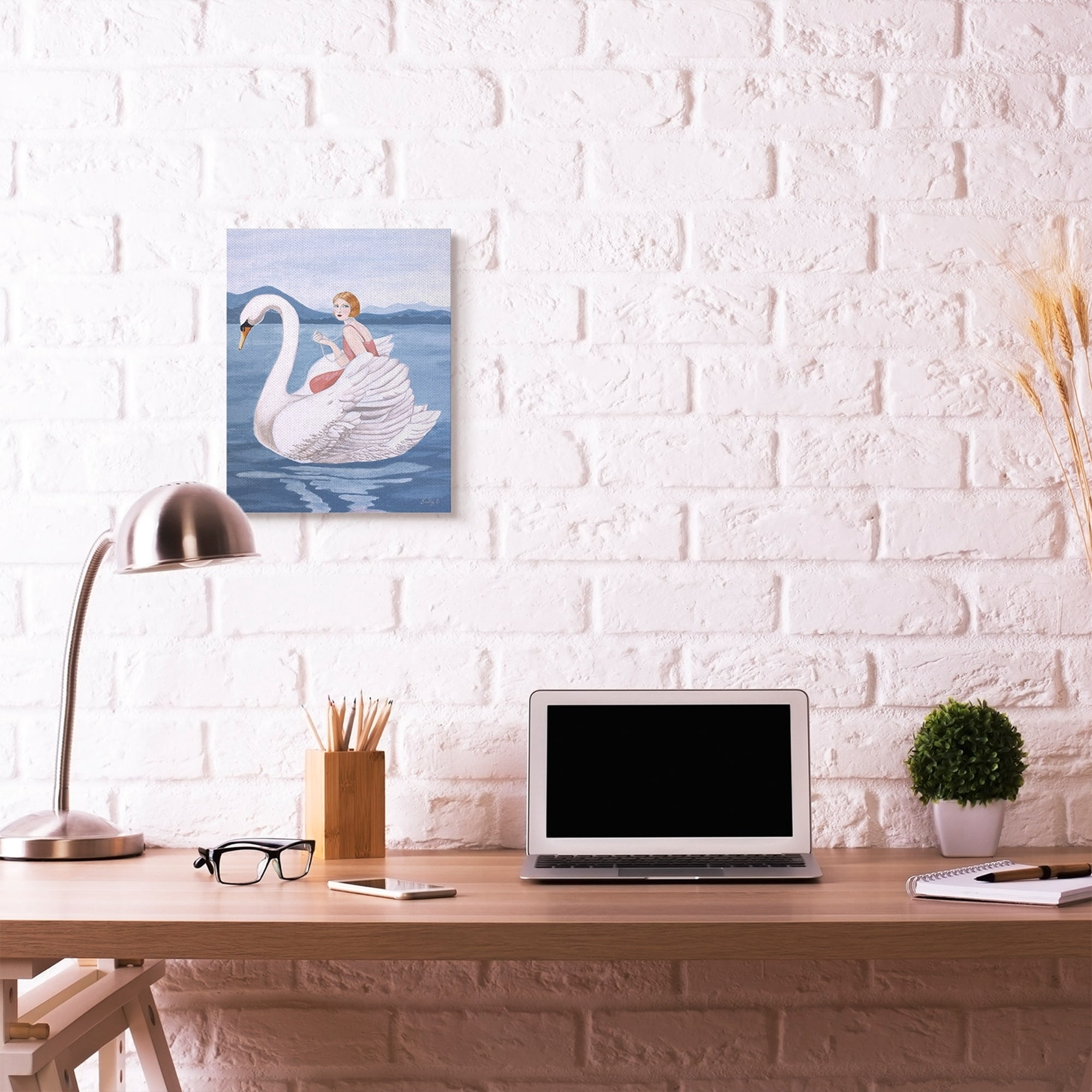 Stupell Home Décor Woman and Swan Blue Water Animal Painting Canvas Wall Art by Sally B