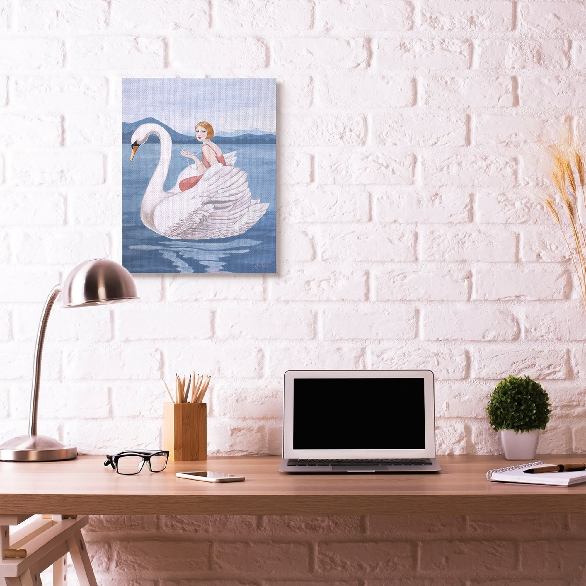 Stupell Home Décor Woman and Swan Blue Water Animal Painting Canvas Wall Art by Sally B