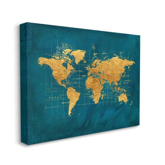 Stupell Home Décor World Map Gold Blue Texture Watercolor Chart Design Canvas Wall Art by Beth Albert