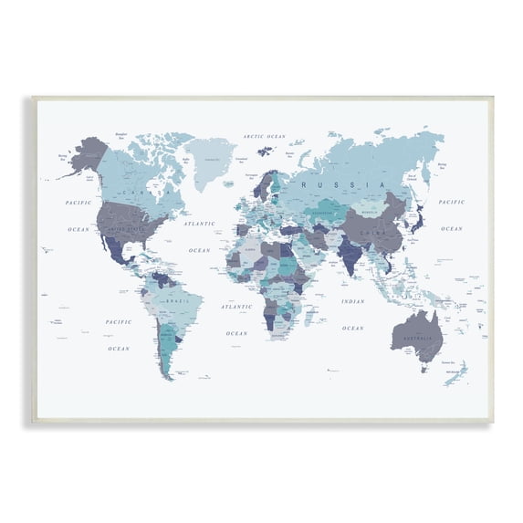 Stupell Industries World Map with Labels Monochromatic Blue Regions, 10 x 15, Designed by Urban Epiphany