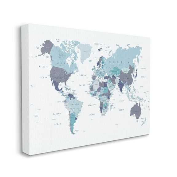 Stupell Home Décor World Map with Labels Monochromatic Blue Regions, 36 x 48, Designed by Urban Epiphany