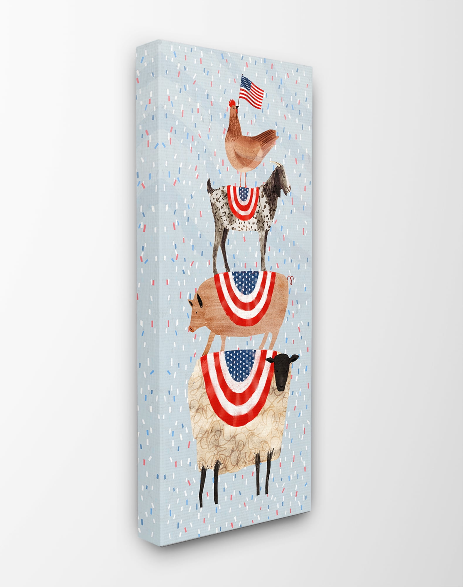 The Stupell Home Decor Collection Americana Stacked Farm Animals Watercolor Chicken Goat Pig and Sheep Oversized Stretched Canvas Wall Art, 13 x 1.5 x 30
