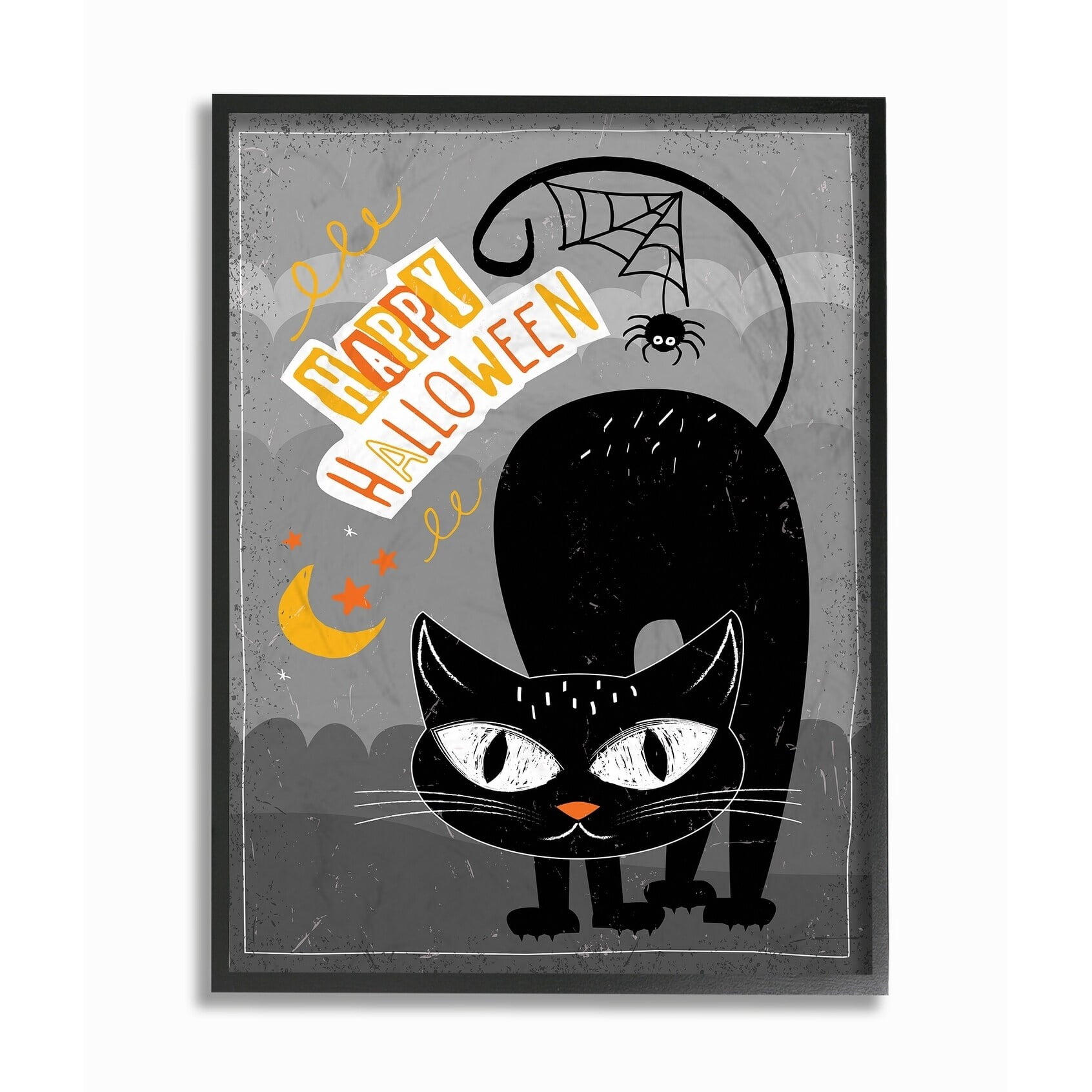 The Stupell Home Decor Collection Black Orange and Grey Happy Halloween Black Cat with Spider Web Tail ad Moon Framed Giclee Texturized Art, 11 x 1.5 x 14