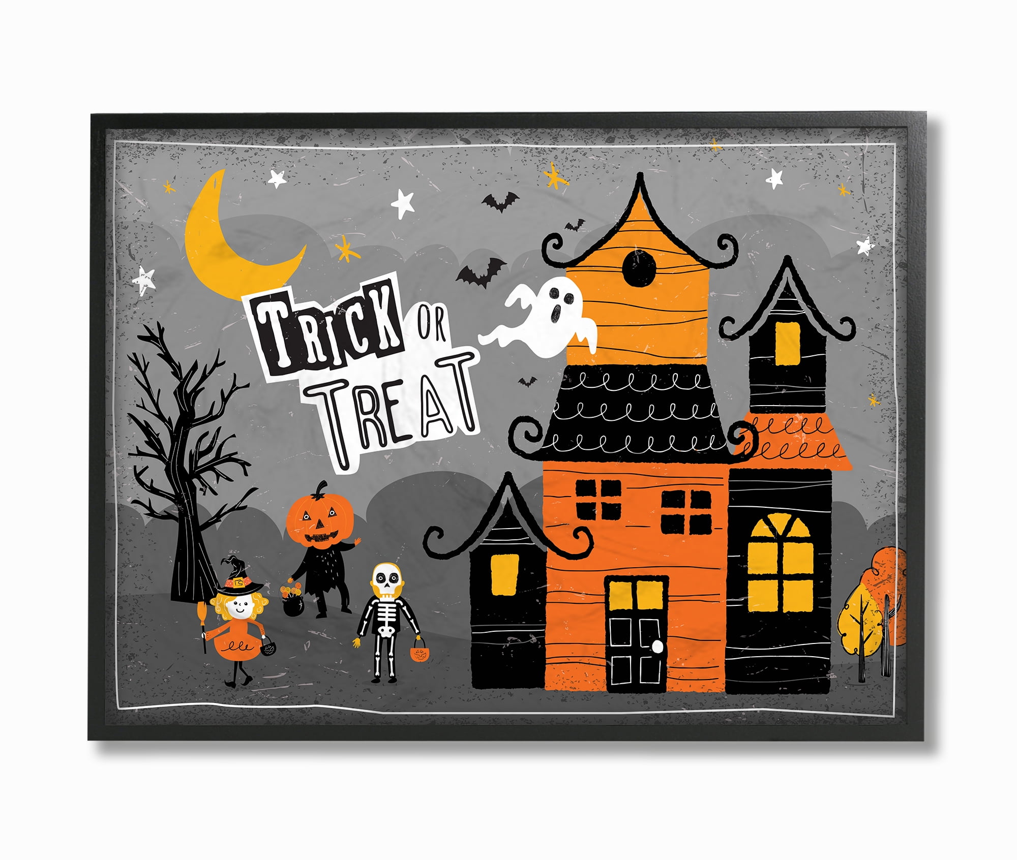 The Stupell Home Decor Collection Black Orange and Grey Trick Or Treat Haunted House Scene Ghosts Moon Pumpkins Bats Oversized Framed Giclee Texturized Art, 16 x 1.5 x 20