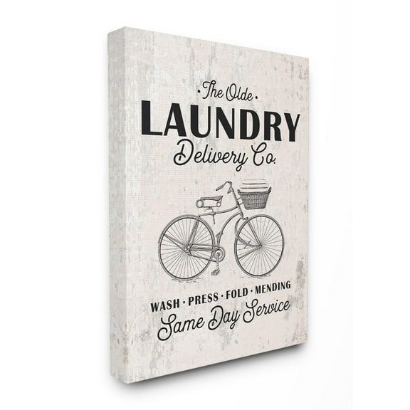The Stupell Home Decor Collection Black on White Washed Texture Laundry Delivery Co Same Day Service Bike Illustration Stretched Canvas Wall Art, 24 x 30