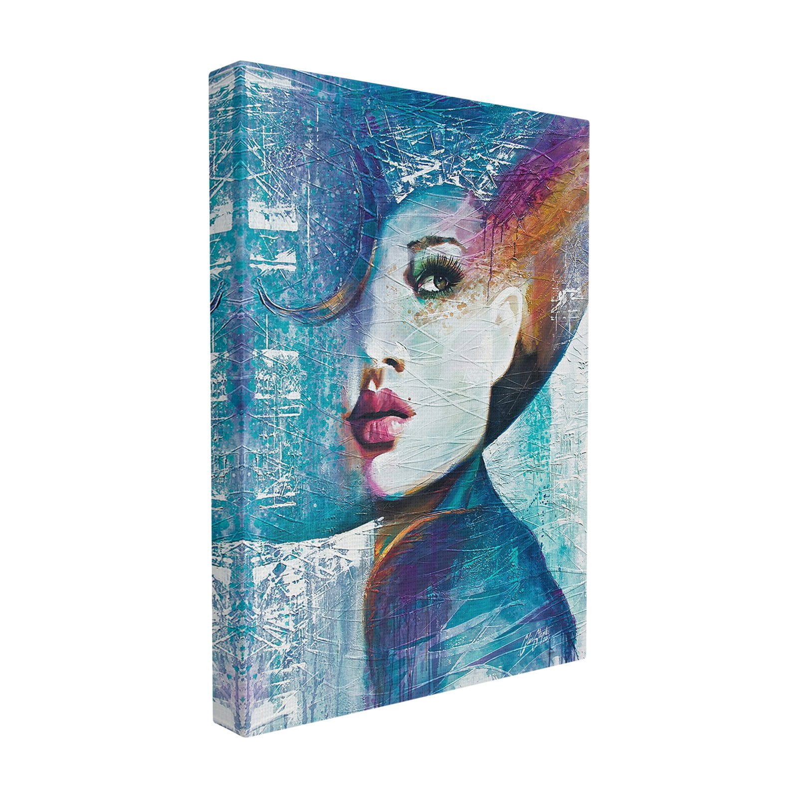 The Stupell Home Decor Collection Blue Orange Purple and Pink Paint Splatter Glam Fashion Portrait Oversized Framed Giclee Texturized Art, 16 x 1.5 x 20