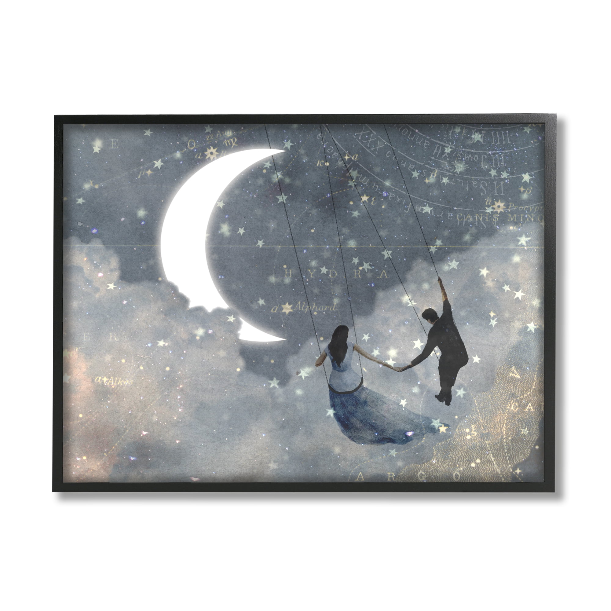 The Stupell Home Decor Collection Grey and Blue Celestial Love Sky Swinging by the Crescent Moon and Stars Framed Giclee Texturized Art, 11 x 1.5 x 14