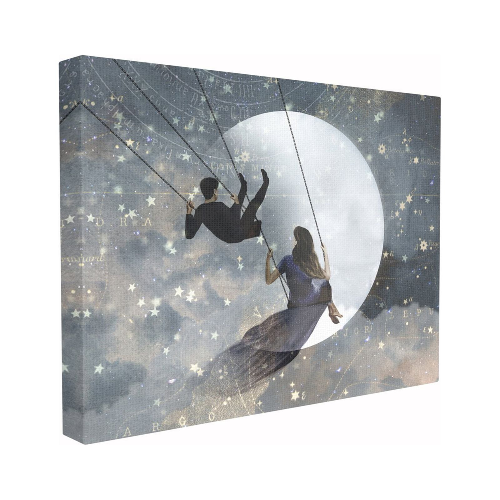 The Stupell Home Decor Collection Grey and Blue Celestial Love Sky Swinging by the Full Moon and Stars Oversized Stretched Canvas Wall Art, 24 x 1.5 x 30